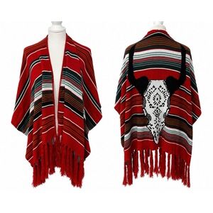 NWT Cow Skull Serape Ruana Cape Cardigan Red Western Fringe Poncho One Size Boho
